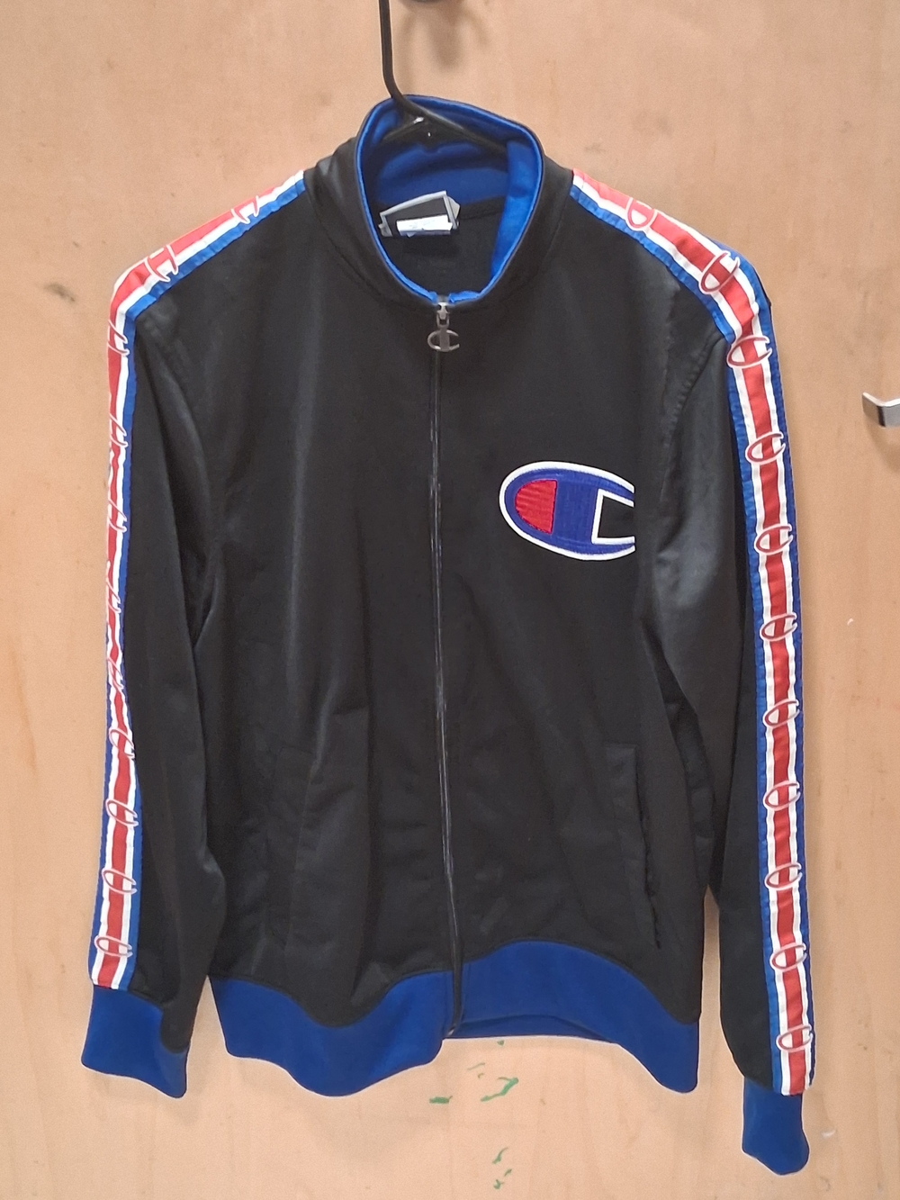 Champion Black Track Jacket with Red & Blue Sleeve Tape